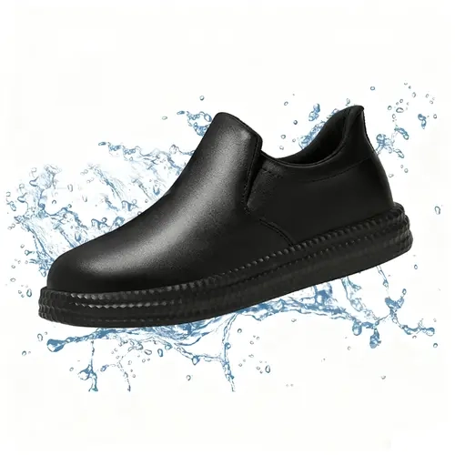 Men's Black Basic PU Leather Chef Footwear - Wide Toe, Lightweight Slip-On Shoes, Non-Slip, Stain-Resistant, Oil-Proof, Waterproof, 1-Foot Kick, Reflective Strips, Easy to Clean, All Seasons, Formal for Kitchen, Nursing, Gardening Work