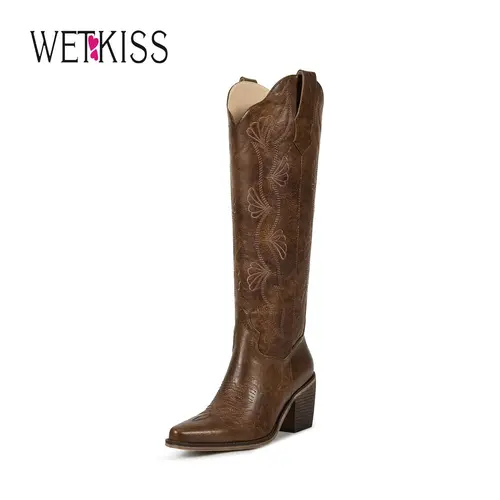 Wetkiss Women’s Knee High Western Boots, Ginkgo Leaf Embroidered Cowboy Style with Chunky Heel and Convenient Side Zip Design, Women's Shoes,Women's Boots, #WeeklyDealsTikTokShopFallDealsForYou