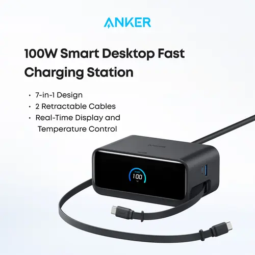 [Limited Offer]Anker Nano 7-in-1 USB-C Charging Station with 2.3ft InstaCord, 3 USB-C, 3 AC Outlets, 1 USB-A, 100W Desktop Power Strip for iPhone 17/16, MacBook, and More, Perfect for Multitasking