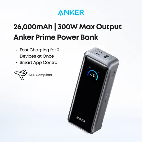 [Limited Offer]Anker Prime Power Bank, 26,250mAh 3-Port Portable Charger with 300W Max Output, Two-Way Charging, TSA-Approved, App Control, for MacBook, iPhone 17/16 Series, and More (Base Not Included)#DealsForYouDays
