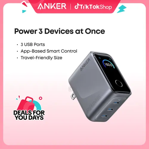 ANKER Prime 160W 3-Port USB-C GaN Charger Compact Travel Charger with Smart Touch Display, 140W Single-Port Fast Charging, PowerIQ 5.0 Multi-Device Charging for MacBook, iPhone, iPad (Silver)