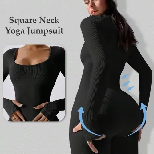 Women's Long Sleeve Sporty Jumpsuit, Waist Cinching Square Neck, Above Ankle Pants, Essential Fitness Gear, Comfortable Fashion Workout Clothes, Yoga Workout Jumpsuits, Square Neckline Jumpsuit, Plain Jumpsuits, Sportswear Jumpsuit
