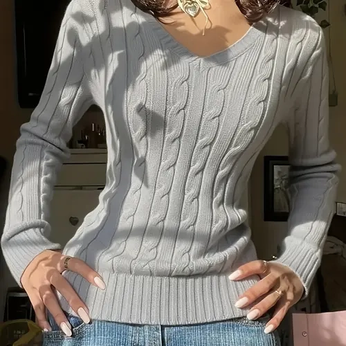 Women's V-Neck Knitted Sweater, Pure Color Slim-Fitting Top, Versatile Fall & Winter Wear, Comfortable Daily Fashion, Knitwear