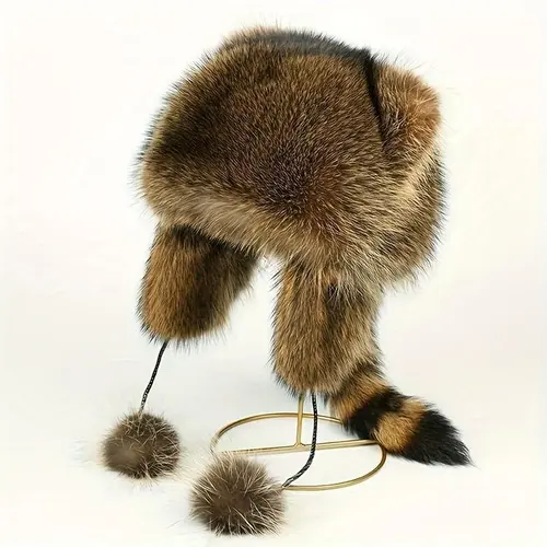 Unisex Y2K Inspired Faux Fur Raccoon Tail Beanies - Detachable Fluffy Earmuffs, Anti-Allergic Material, Machine Washable, Casual Cold-Weather Street Style Hat, Drawstring, Customizable Warmth, Gift for Expressive Fashion Lovers