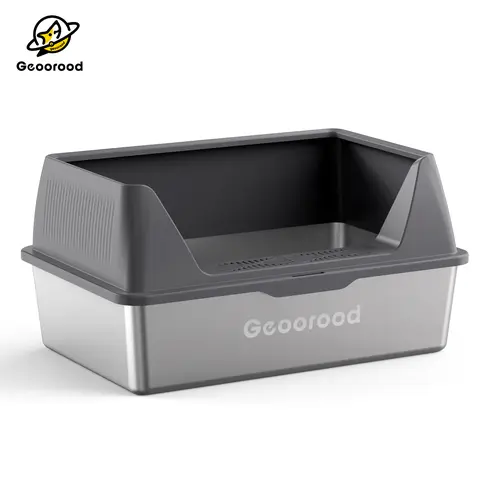 【Geoorood】Steel-ABS XL Semi-Enclosed Litter Box for Indoor Big Cats (Gray) - 10.5" Wide Side-Entry Door, Open Top, Includes Scoop, Leak-Proof Design, Odor Control, Easy to Clean, 3x More Durable, Under 18lbs, Long-Lasting