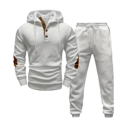 White Geometric Textured Tracksuit Set for Urban Streetwear Sporty Style Polyester Sportswear Trendy Fashion Looks Casual