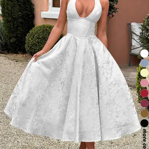 Fashion Elegant Chic Halter Lace-Up Embroidered Waist V-Neck Sleeveless Dress, Long Plain Party Gown, Embellished Prom Gown, Evening Gown, Formal Wear, Fitted Style for Lady Women