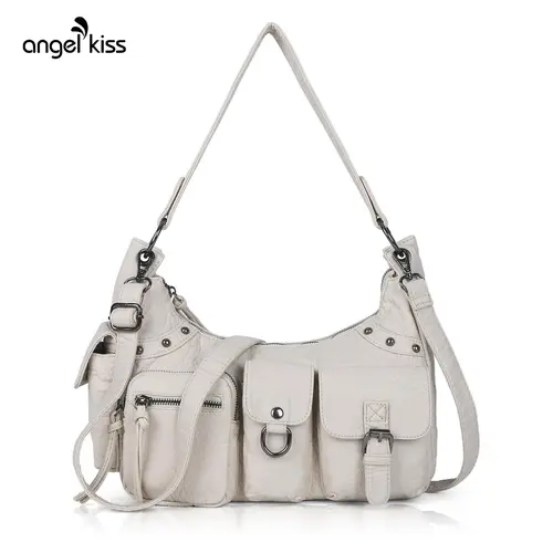 Angel Kiss Women's Soft Eco Vegan Leather (Soft PU) Waterproof Hobo Handbag Shoulder Purse, 12.5"x3.9"x7", Multi Pockets, Zipper Closure, Removable Strap, Shoulder-Crossbody Style, Everyday Bag for Women, Gift Accessory