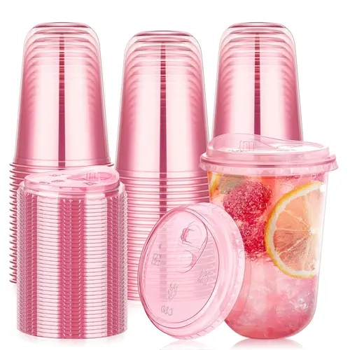 50/150-Pack 400ml Pink Plastic Cups with Direct-Drink Lids Disposable Coffee protein shake Cups Round-Bottom No Handles Portable Birthdays Wedding Parties Ice Coffee To Go Cup New Arrivals Essential Girls' party#SummerWins #DealsForYouDays