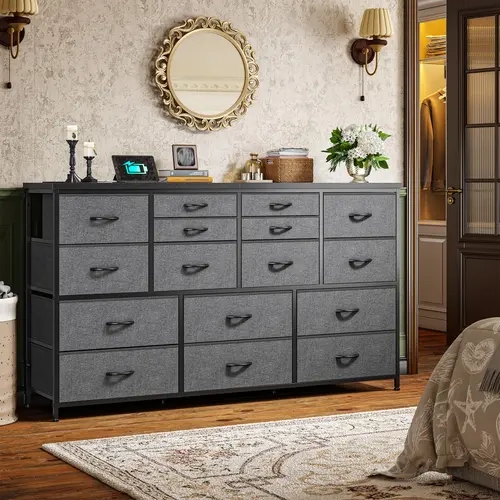 Raybee Furniture Dresser for Bedroom with 16 Fabric Drawers Long Dresser with Charging Station TV Stand for 60" TV Dressers & Chest of Drawers for Bedroom, Living Room