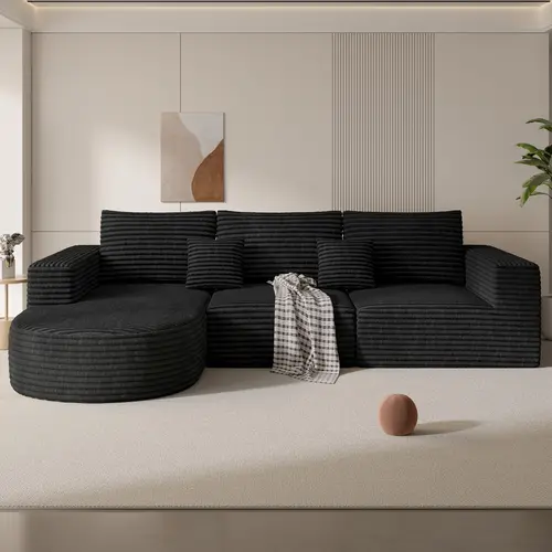 110" Modular L-Shape Boneless Couch with Reversible Chaise, Cloud-Soft Foam Deep Seat, Compression-Packed, Faderesist Fabric, No Assembly, Plumps in 72h, Black Indoor Sofas for Living Room (1 PC)