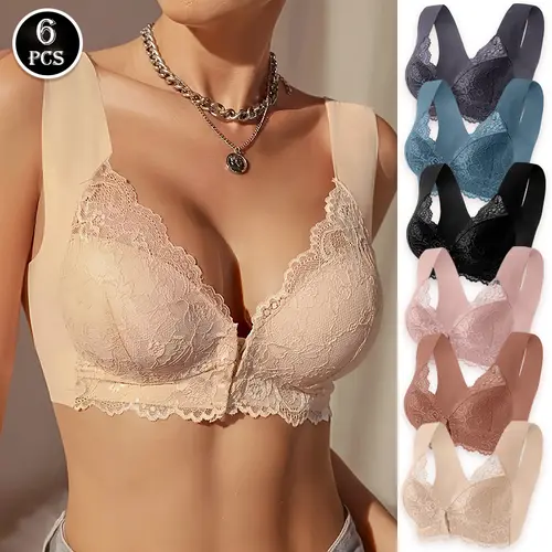 Women's 6-Piece Basic Nylon Minimalist Lingerie Set - Wire-Free Deep V-Neck Racerback Lace Bra, Front Buckle, Shockproof, Anti-Sagging, Breathable, Seamless, Push-Up, Gathered, Close-Fitting Plus Size Retro Wedding Brassiere (Grey, Blush Pink)