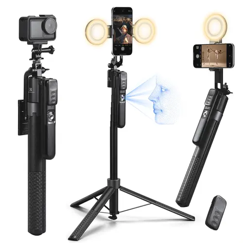 【DealsForYouDays】K&F CONCEPT 71” Phone Selfie Stick Tripod - 360° Rotatable, Bluetooth Remote, Stand, Optional 2 Fill Lights, Textured Black/White (White Same as Black) - Phone Accessories, Stabilizer Gimbal for Travel, Vloggers