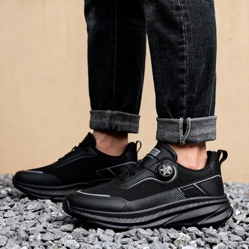 Men's Black Wide-Toe Nonslip Safety Footwear - PU Upper, Oilproof, Waterproof, 1-Foot Kick, Reflector Strips, Easy-to-Clean Slip-On Classic Less Than Ankle Casual Trainers with EVA, for Indoor Kitchen, Nursing Use (All Seasons)