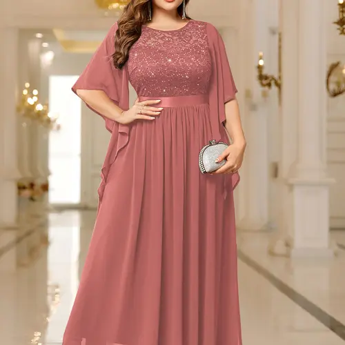 【Plus Size】Miusol P83099 Women's Elegant Sparkly Sequin Floral Lace Chiffon Flared Sleeve Formal Maxi Dress - Zipper Closure, Premium Fabric, All-Season Evening Gown for Parties, Festival Gatherings,summeroutfits,vacationoutfits,beachoutfits