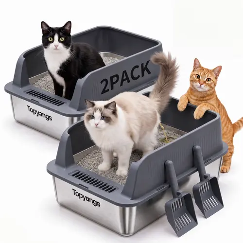 Topyangs 2-Pack Stainless Steel Litter Box, Extra-Large High-Sided Litter Boxes, Leak-Proof and Easy to Clean, Ideal for Multi-Cat Households, Comes with 2 Scoops, the Perfect Gift.cat litter box