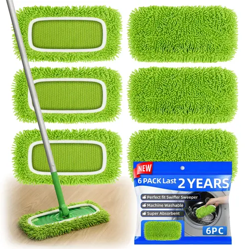 6Pcs Chenille Mop Pads Compatible with Swiffer Sweeper Mop Wet and Dry Flat mop Cover Replacement Reusable Sweeping Mopping pad Refills for Hardwood Mop Handle not included
