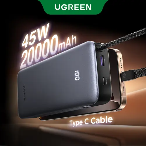 UGREEN Nexode 45W Fast Charging Power Bank Charger (10001-20000mAh) - 3-Port Phone Accessories Charging Solution, Built-in Cable, Type-C Input, Digital Display, Travel EDC Gear for iPhone 17 Pro, iPad Pro, Smartphones