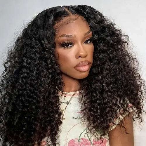 Hermosa 13x6 Lace Area Human Hair Lace Front Wig, Glueless Invisible Drawstring Wig with Drawstring Fit, Pre-Bleached, Pre-Plucked Natural Hairline, Curly Texture