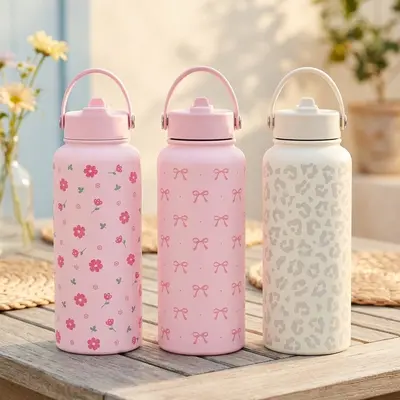 SANDJEST Summer Floral 32oz Portable Water Bottle Flip Straw Lid & Handle, Insulated Leak Proof, Protective Silicone Base, Great for Travel Outdoor