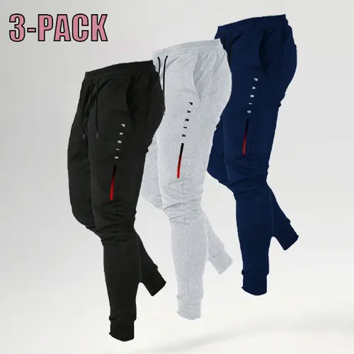 Men’s 1–4-pack jogger pants for all seasons, lightweight outdoor sports joggers that are soft, breathable, machine washable, and non-see-through with prints; multi-pack athletic casual pants (black, gray, navy blue); non-see-through men’s pants; back-to-s