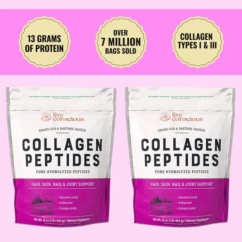 Live Conscious Collagen Peptides Powder 2 Pack - Naturally-Sourced Type I & III Hydrolyzed Bovine Collagen - For Hair, Skin, Nail & Joint Support Supplement | Select Your Flavor