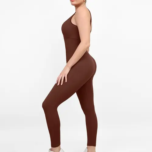 Popilush Compression Stretchy Seamless Square Neck Tank Shapewear Sports Jumpsuit, Women's Activewear Workout Apparel Seamless Gym Outfits