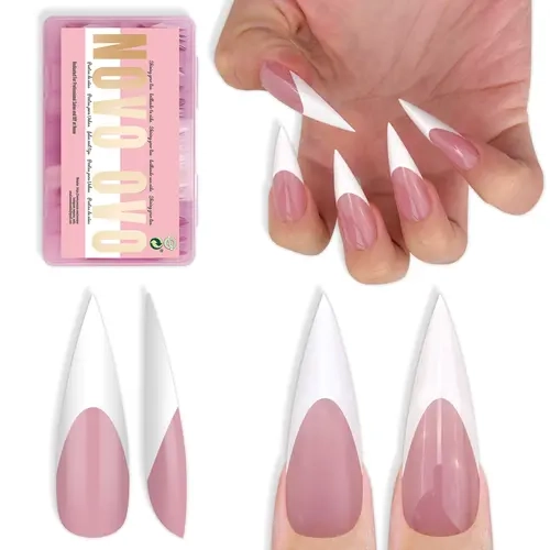 Novo Ovo Press on Fake Nails - White French Tip, Long XL Sharp Stiletto, Berry Pink Soft Gel Double Matte, Full Cover Acrylic DIY Nail Extensions, 16 Sizes 160 Pcs (Does Not Include: Light, Glue, Builder Gel), Press On Nails
