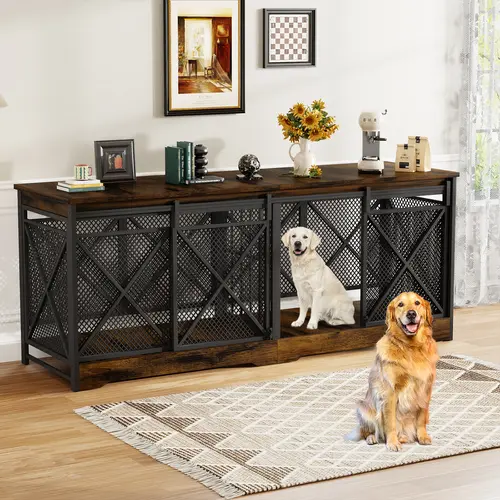 COZPAW 78"w x 23.8"d x 31.8"h Furniture-Style Dog Crate for 2 Large Breeds, Nylon Double-Door Heavy-Duty Wooden Kennel with Raised Base Airflow, Secure Latch Safe, Space-Saving Chew-Resistant Indoor Enclosure (300lbs Max Capacity, Brown)