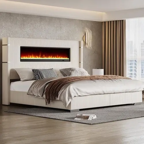 【Ships in 2 Boxes】AMERLIFE Modern Bed Frame with Fireplace, Wingback Platform Bed with 60.4“ Extra Tall Headboard, Corduroy Upholstered Bed Wooden Slats/No Box Spring Needed #TikTokShopFallDealsForYou