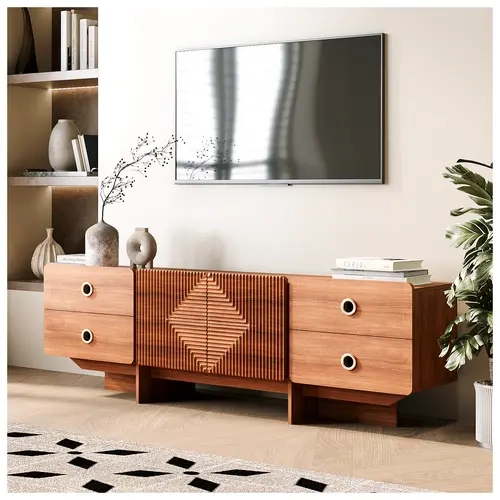 66x15.7x20.5" Modern Farmhouse TV Stand - Wood Mid-Century Media Console for 75" TV, Fluted Texture Oak Cabinet with 17" Drawer Stash, Bohemian Indoor Living Room Furniture