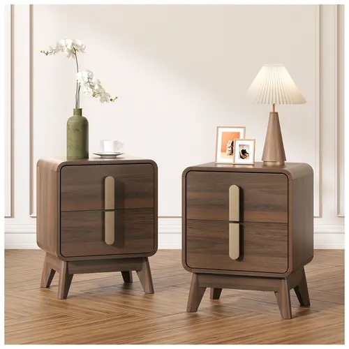 2-Piece Mid Century Dark Walnut FSC-Certified Wood Nightstand Set for Bedroom - Rectangular Modern Bedside Tables with Drawers, Metal Handles, Curved Solid Wood Legs, Assembly Guide, Indoor Furniture, Nightstand For Bedroom, Dark Walnut Finish