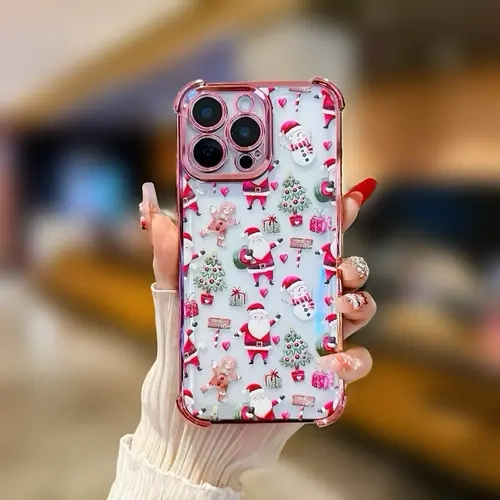 Christmas Santa Claus & Snowman Pattern Transparent Shockproof Cellphone Case - Festive Look Protection Casing, Accessories That Fits iPhone 11-17 Devices, Holiday Gift Cover
