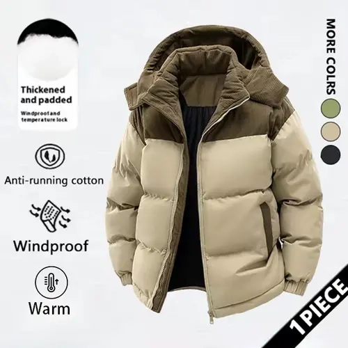Men's Vintage Cotton Padded Long Sleeve Corduroy Splicing Cargo Jacket - Soft, Detachable Hat, Thick Warm Polyester, Windproof, Autumn Winter Casual Menswear Top with Pockets for Outdoor Sports