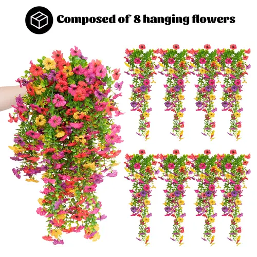 LVZHIYUAN 8-Pc Decorative Flowers Daisy & Eucalyptus Faux Silk Hanging Artificial Set, UV-Resistant, Long Trails, Natural Look, Outdoor/Indoor Use, Patio & Balcony Fit Home Decor Planter Accents