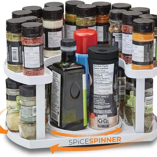 Stow-n-Spin 2-Tier D-Shaped Plastic Kitchen Lazy Susan Spice Rack Shelf - Smooth Easy-Rotating, Adjustable Height Tray, Collapsible Canister-Compatible Storage Organization Gadget (Holds 40 Jars, Gray) for Cabinet, Tabletop Display Container