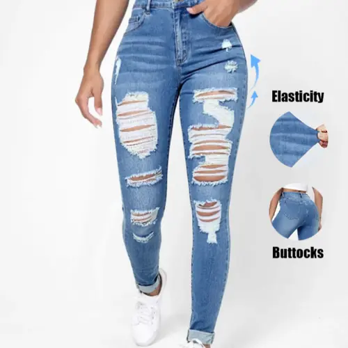 Women's High Waist Ripped Slim Skinny Fit Button Fly Jeans Pants, Elastic Vintage Button Front Denim High Rise Jeans with Button and Pocket, Butt Lifting Design, Casual Streetwear Fashion Womenswear for Daily Wear