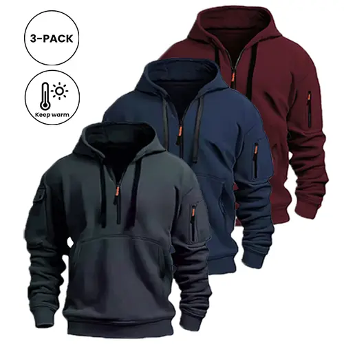 Men’s long-sleeve hooded sweatshirt, solid color pullover, available in 1–3-pack options, suitable for outdoor sports, warm sportswear for autumn and winter, back-to-school season, back-to-school shopping, slim fit, not dry cleanable, back-to-school appar
