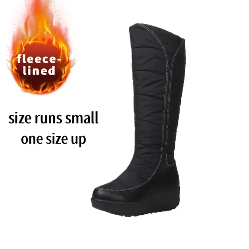 Women's Winter Mid-Calf Snow Rain Shoes - Fur-Lined, Insulated, Waterproof, Thick-Sole, Wedge Design, Rubber Insole for Comfort & Support, Plain Round Toe, Embroidery Accent