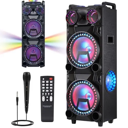Portable Rechargeable Bluetooth Wireless PA Speaker, 2x12" Subwoofers, 1" Tweeter, 45Hz Deep Bass, High Audio, LED Light, KTV Sound System, ABS+Wood Build, for DJ Karaoke Parties