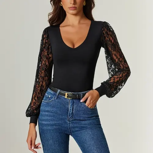 Avidlove Womens Long Sleeve Bodysuit Double Lined V Neck Lace Puff Sleeves Going Out Top Shirts Thong Leotard BodySuit Gifts