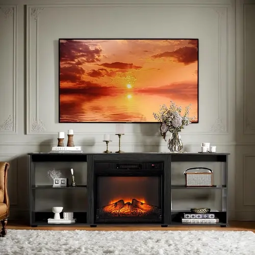 Winado 58" Recessed Simulated Fireplace TV Stand - 18" Electric Heater, Adjustable Shelves, Open Cabinets, Walnut Fluted Wood, Mid Century Modern Console Table, Shelf & Multimedia Centre for Living Room (Fits 70" TVs), Tv Console Table, Tv Shelf
