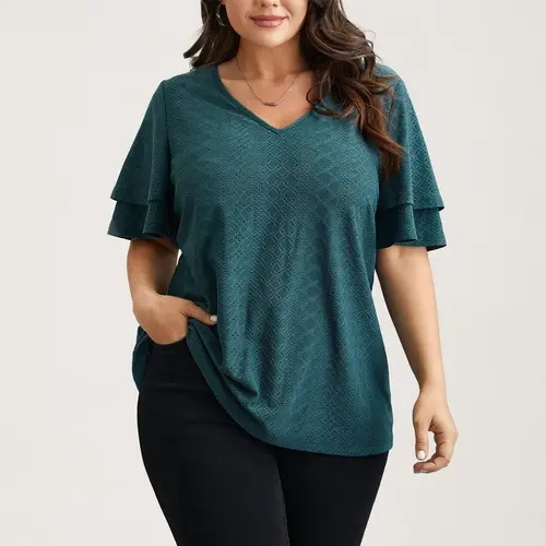 BloomChic Jacquard Textured Lotus Leaf Sleeve Top 【M-6XL】