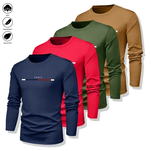 JOGWAVE Men's Fitted Long-Sleeve Casual T-Shirts 4-Pack - Round Neck, Breathable, Letter Pattern Tees, Men's Clothing, Suitable for Spring & Autumn Everyday Wear, Gifts for Boyfriends