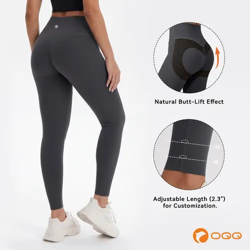 OQQ Women's High-Waist Butt-Lift Solid Sports Leggings - 2.3" Adjustable Length, Nylon+Spandex Moves With You, Sportswear Bottoms, Work-to-Yoga Wear, Back-to-School Casual Basic Style