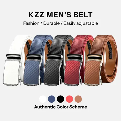 KZZ Men's Cowhide Leather Ratchet Belt with Alloy Buckle - Easy-Release Flexible Strap, Adjust-Fit for Dress & Casual Wear, Gift Box for Fathers (Anniversaries, Thanksgiving, Labor Day) - Mens Accessories