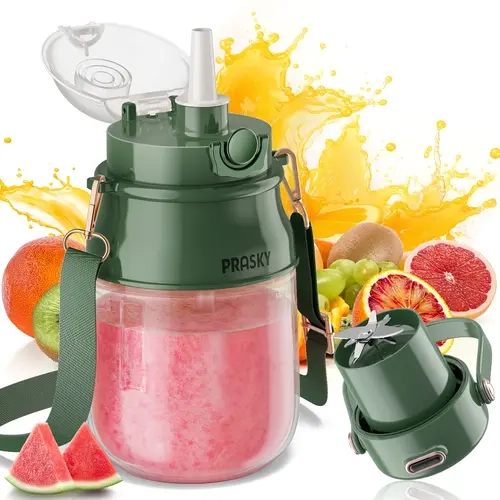 Prasky 27oz Cordless Portable Blender Juicer - USB-C Rechargeable, USB Port Compatible with Power Bank/Computer, Lightweight, BPA-Free for Worry-Free Sips, Dishwasher Safe, Stainless Steel 10-Blade Vortex Mix, Shoulder Strap Included (Gym, Travel Use)