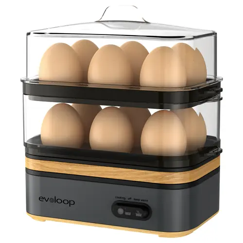 EVOLOOP Electric Rapid Egg Cooker - 12 Eggs at Once, Multi-Cooking (Soft/Medium/Hard Boiled, Poached, Omelet Maker, Vegetable Steamer), BPA-Free Double Layer Stackable Tray, Buzzer Alert, Stainless Steel Detachable Accessories, Space-Saving for Family