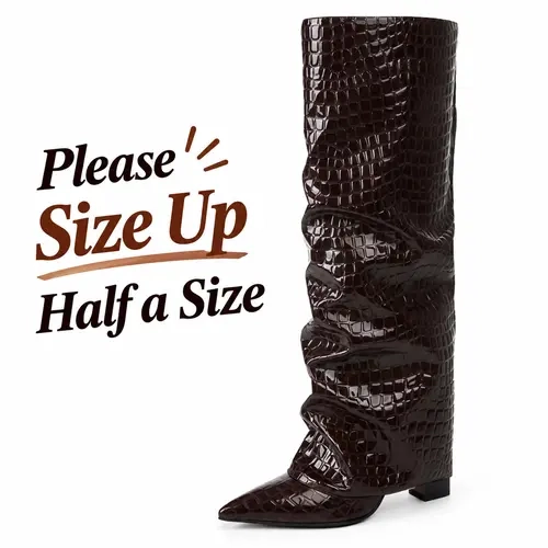 AMINUGAL Women's Chic Chunky Heel PU Leather Knee-High Wide Calf Boots - Fold-Over Pointed Toe, Pull-On Easy-Wear Footwear for Fall Winter Casual Shoes