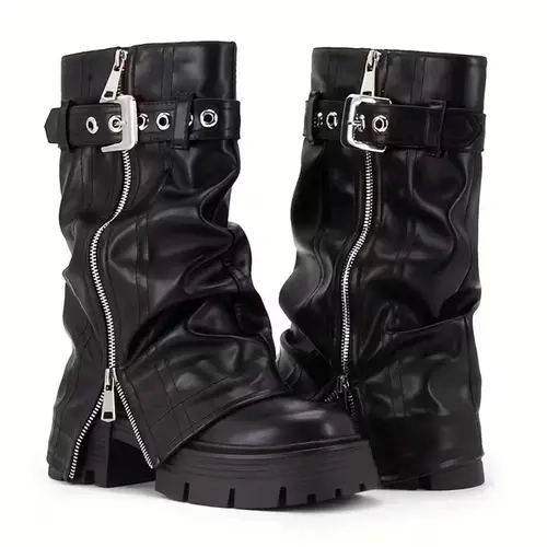 EROCALLI Women's Party Platform Boots - Round Toe, Rubber Sole, Slip On, Belt Buckle, Chunky Heel, Zipper, Above the Ankle But Below the Knee, Edgy Punk Moto Biker Boots, Faux Leather